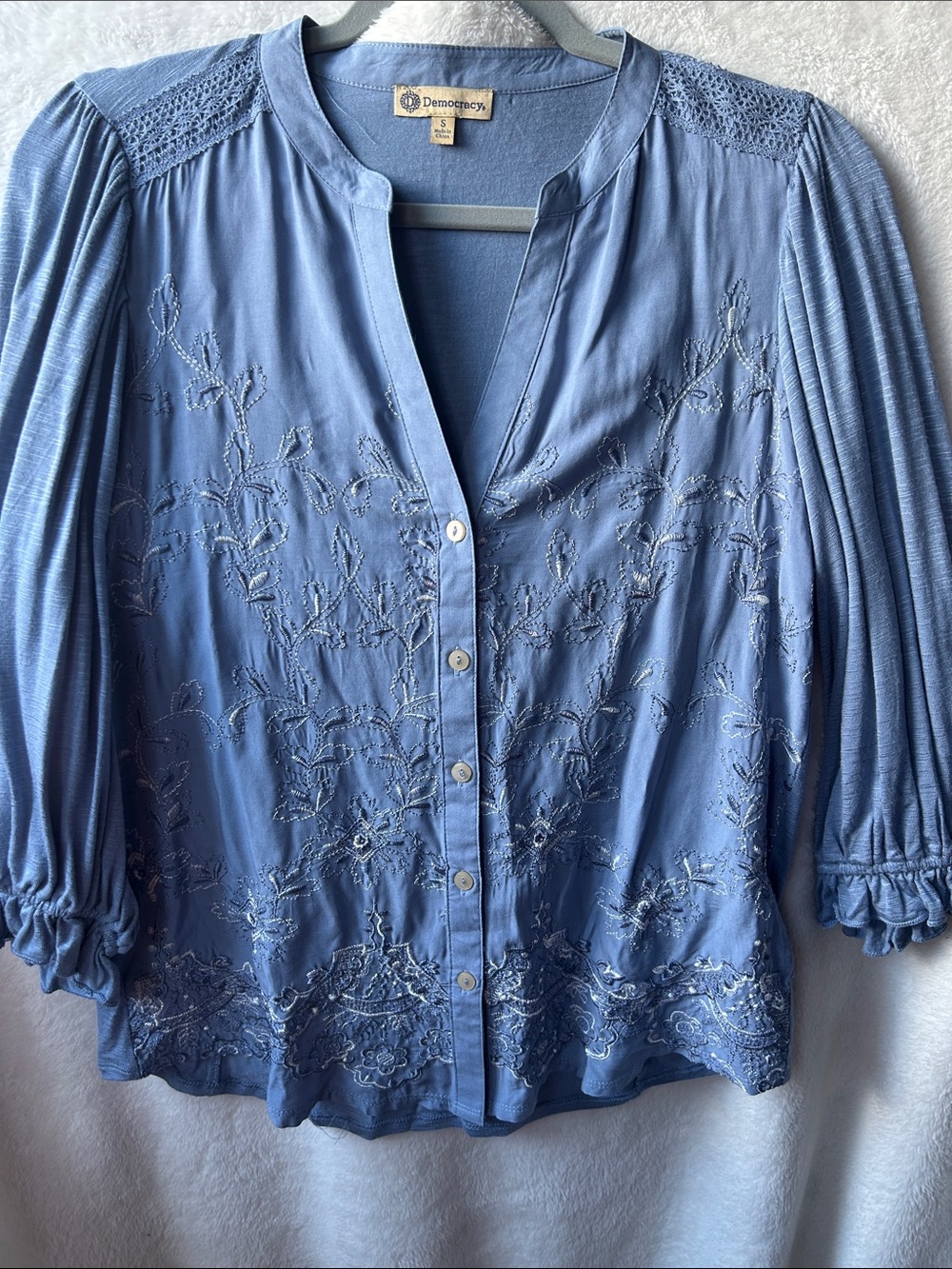 Democracy Dusty Blue Embroidered Button-Down Blouse